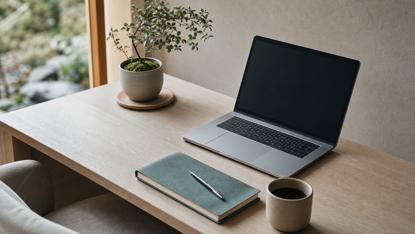 ノートPCとノートが置かれたワークデスク